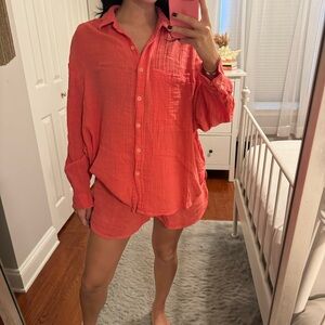 Urban Outfitters Out From Under Joslyn Sleep Short & Shirt Set Coral
